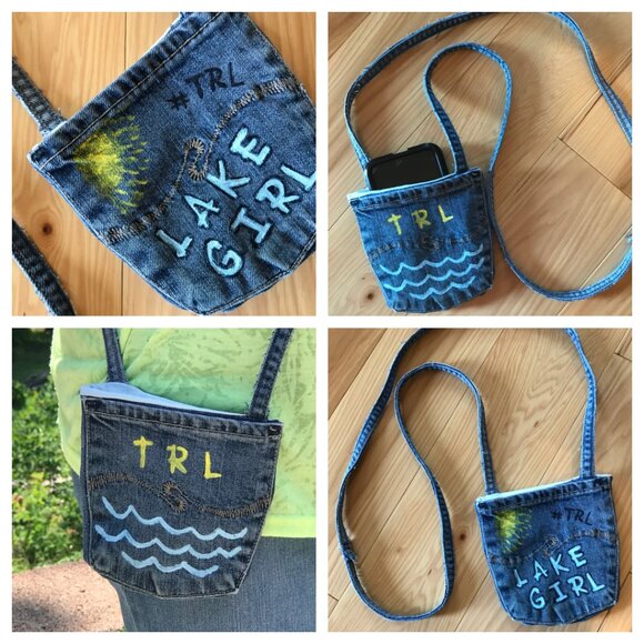 Handmade Crossbody Bag: Recycled Denim Cell Phone Holder, Table Rock Lake Pouch - Picture 11 of 11